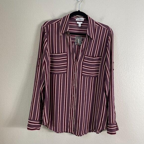 NEW Express Portofino Shirt Womens Large Slim Fit Roll Tab Sleeve Blouse Top - Picture 1 of 8